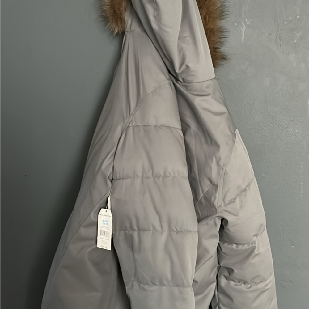 Gray Puffer Jacket with Faux Fur Hood